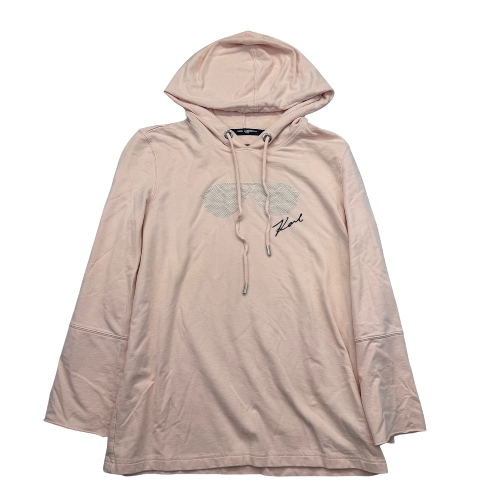 Karl Lagerfeld Blush Pink Embellished Sunglasses Logo Hoodie Sweatshirt M NWOT - Picture 2 of 13